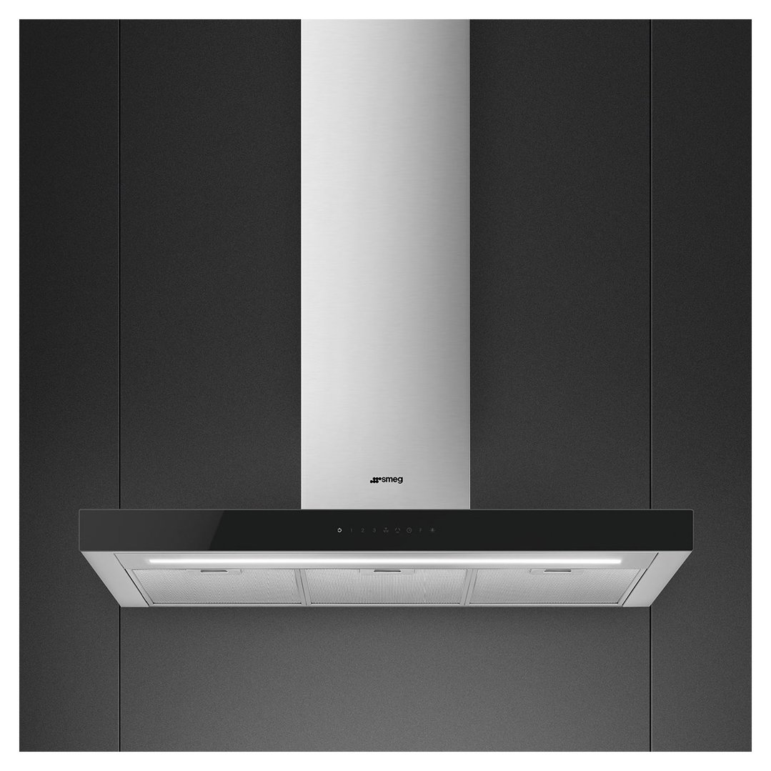 Wall-mounted Smeg rangehood in a modern kitchen setting with dark cabinetry