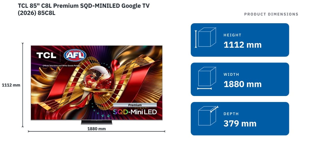 TCL 85" C8L Premium SQD-MINILED Google TV (2026) 85C8L — product dimensions