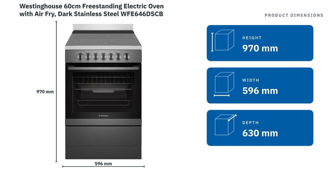Westinghouse 60cm Freestanding Electric Oven with Air Fry, Dark Stainless Steel WFE646DSCB