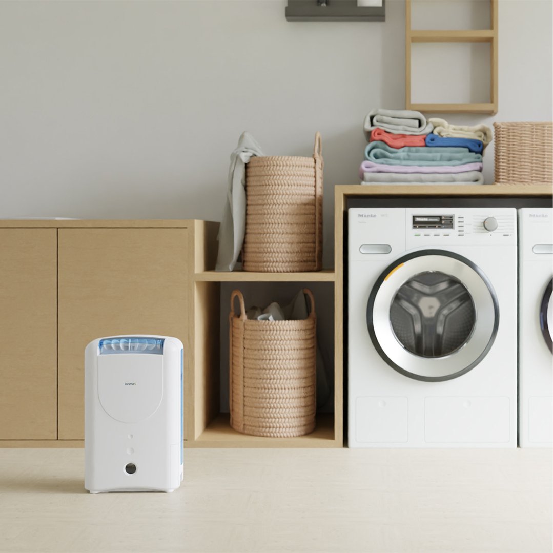 IONMAX 7L Zeolite Desiccant Dehumidifier in a modern laundry room
