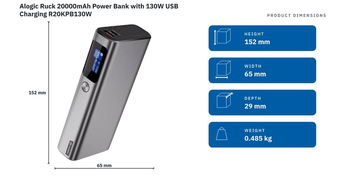 Alogic Ruck 20000mAh Power Bank with 130W USB Charging R20KPB130W — product dimensions