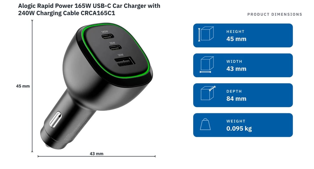 Alogic Rapid Power 165W USB-C Car Charger with 240W Charging Cable CRCA165C1