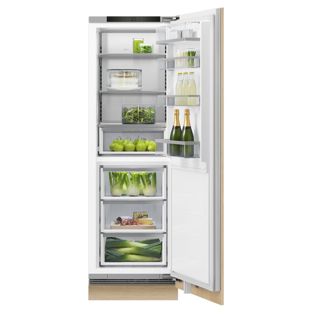 Integrated Dual Zone Refrigerator with door open, filled with food items