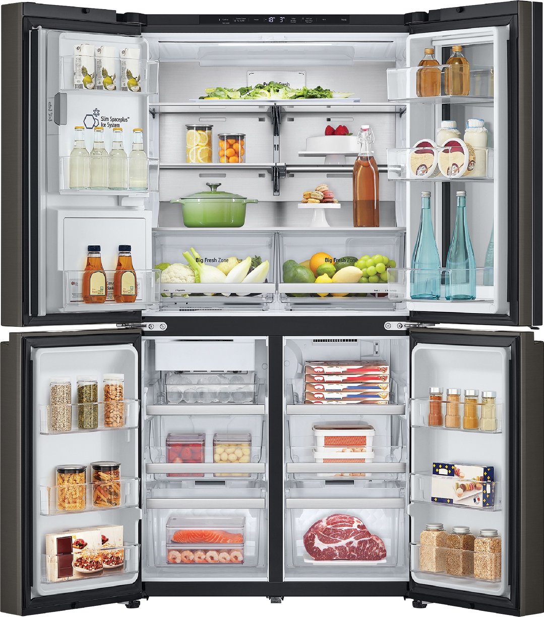 LG French Door Fridge with all doors open, showing food items inside