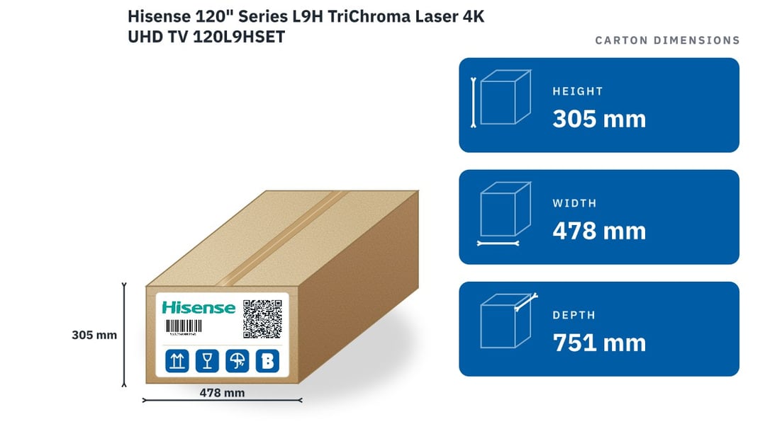 Hisense 120" Series L9H TriChroma Laser 4K UHD TV 120L9HSET — packaged dimensions