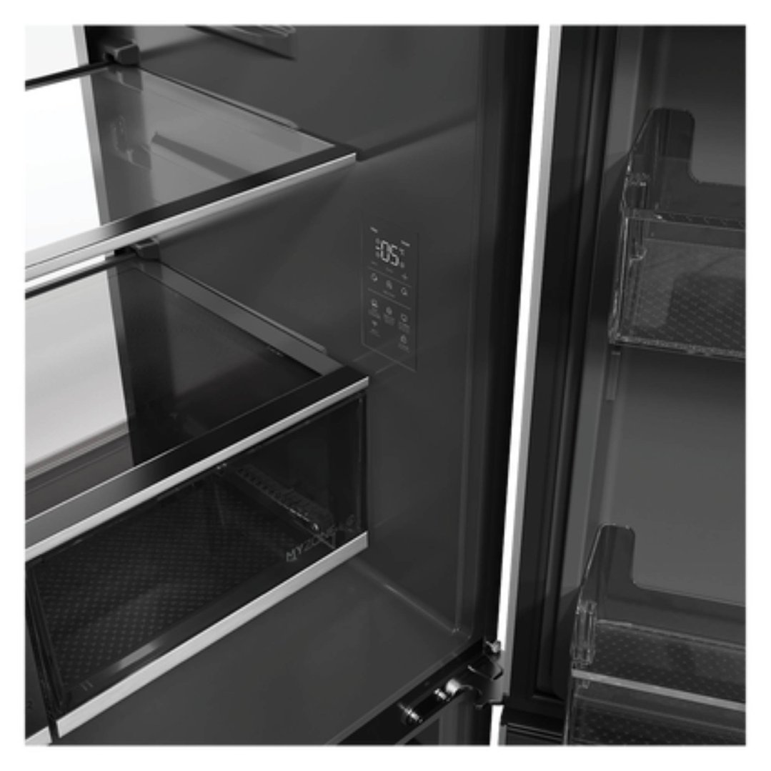 Interior view of a refrigerator freezer showing shelves, drawers, and control panel