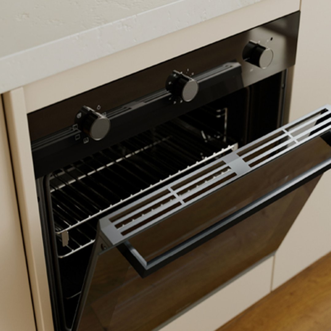 Built-in oven with its door slightly ajar in a kitchen setting