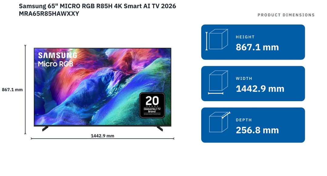 Samsung 65" MICRO RGB R85H 4K Smart AI TV 2026 MRA65R85HAWXXY — product dimensions