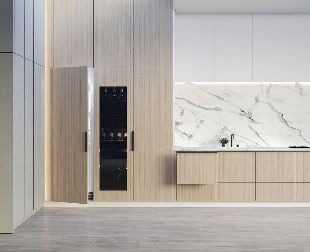 Integrated wine cabinet and kitchen cabinetry in a modern kitchen setting