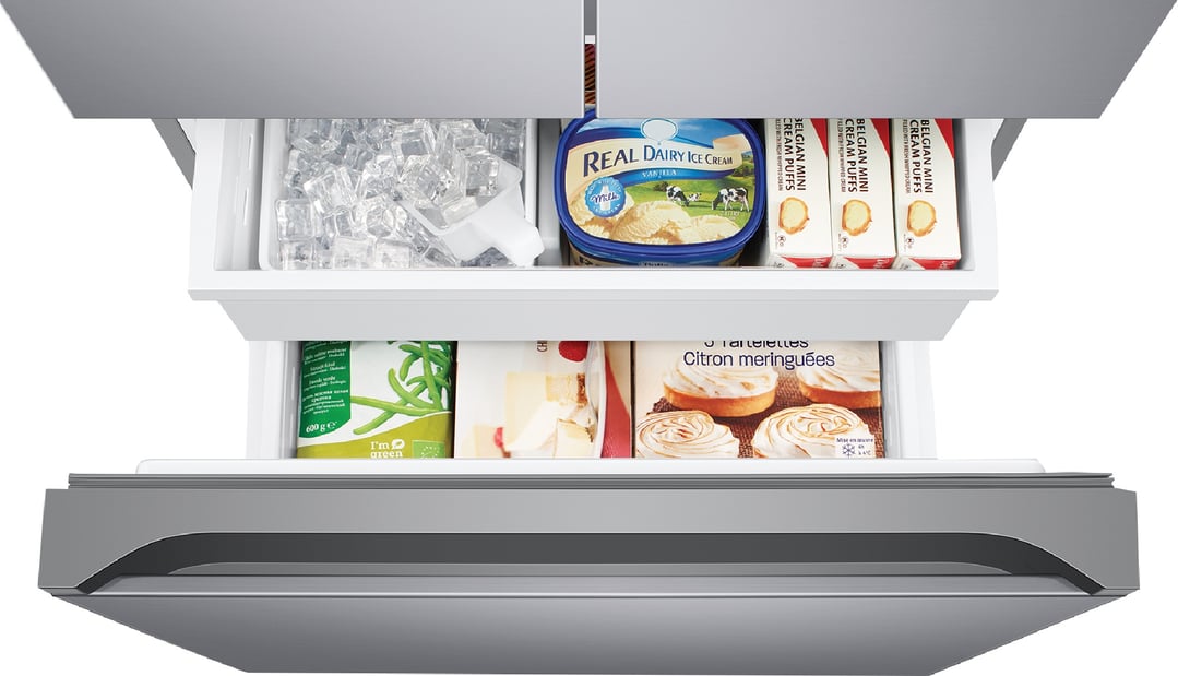 Open freezer drawers of a French door refrigerator filled with frozen food