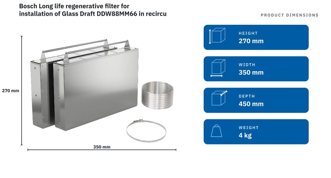 Bosch Long life regenerative filter for installation of Glass Draft DDW88MM66 in recirculation mode DSZ1WW1J1 — product dimensions
