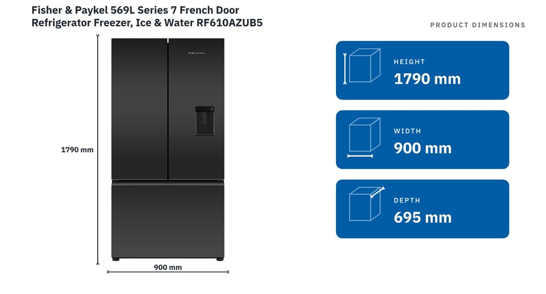 Fisher & Paykel 569L Series 7 French Door Refrigerator Freezer, Ice & Water RF610AZUB5 — product dimensions