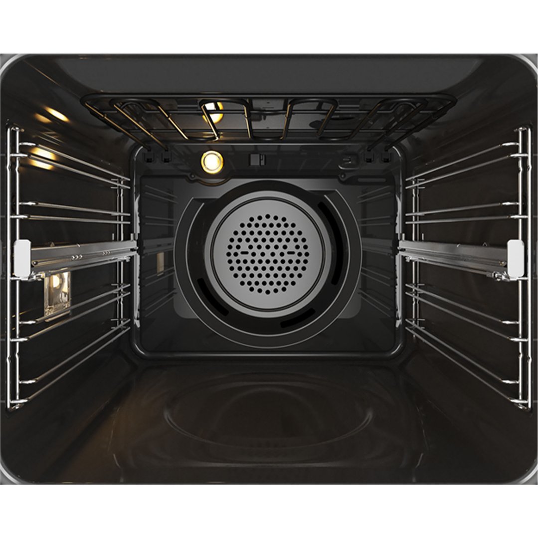 Interior view of an oven with full extension telescopic runners and internal lighting