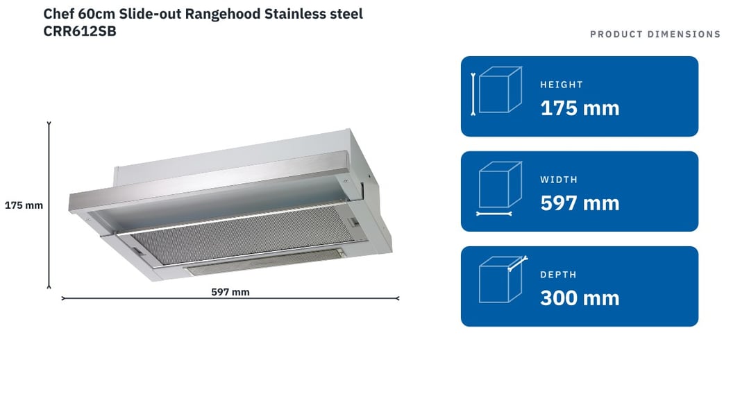 Chef 60cm Slide-out Rangehood Stainless steel CRR612SB — product dimensions