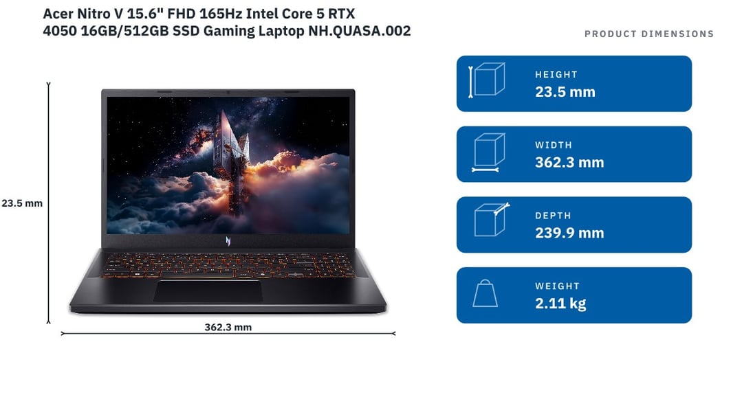 Acer Nitro V 15.6" FHD 165Hz Intel Core 5 RTX 4050 16GB/512GB SSD Gaming Laptop NH.QUASA.002 — product dimensions