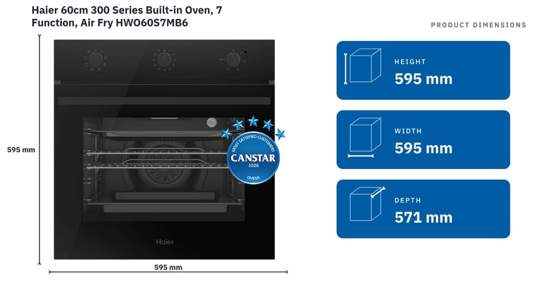 Haier 60cm 300 Series Built-in Oven, 7 Function, Air Fry HWO60S7MB6 — product dimensions