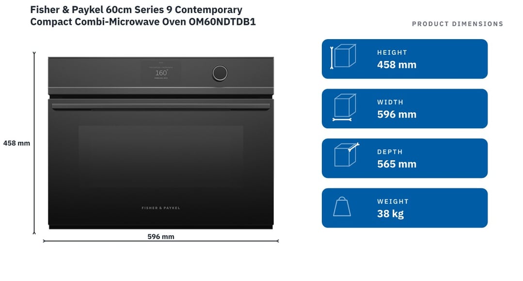 Fisher & Paykel 60cm Series 9 Contemporary Compact Combi-Microwave Oven OM60NDTDB1 — product dimensions