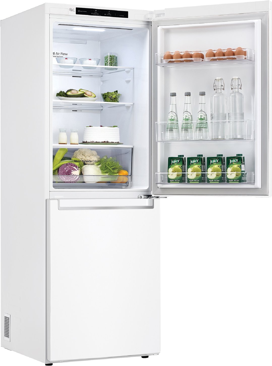 White LG bottom mount fridge with open doors, revealing food and drinks inside