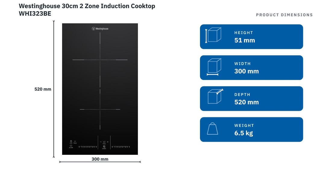 Westinghouse 30cm 2 Zone Induction Cooktop WHI323BE
