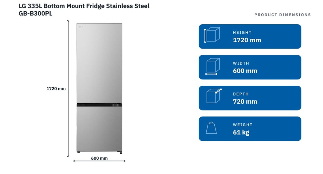 LG 335L Bottom Mount Fridge Stainless Steel GB-B300PL — product dimensions