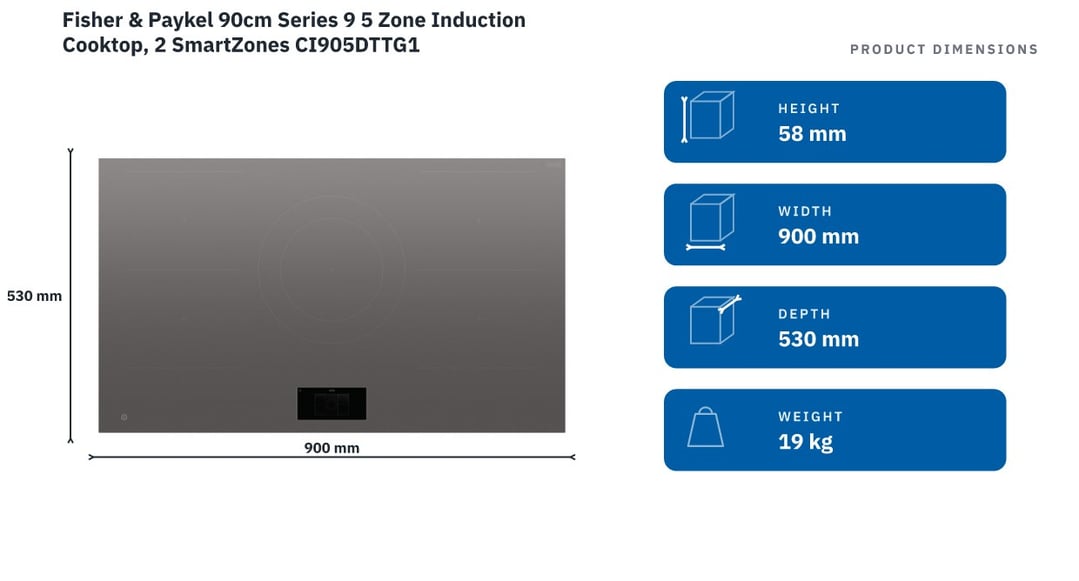 Fisher & Paykel 90cm Series 9 5 Zone Induction Cooktop, 2 SmartZones CI905DTTG1 — product dimensions