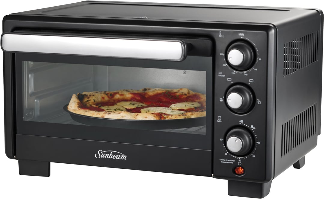 Black Sunbeam air fryer oven with a pizza cooking inside