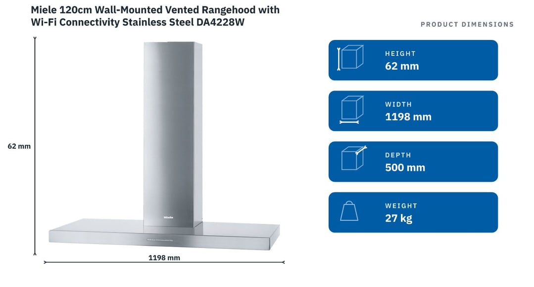 Miele 120cm Wall-Mounted Vented Rangehood with Wi-Fi Connectivity Stainless Steel DA4228W — product dimensions