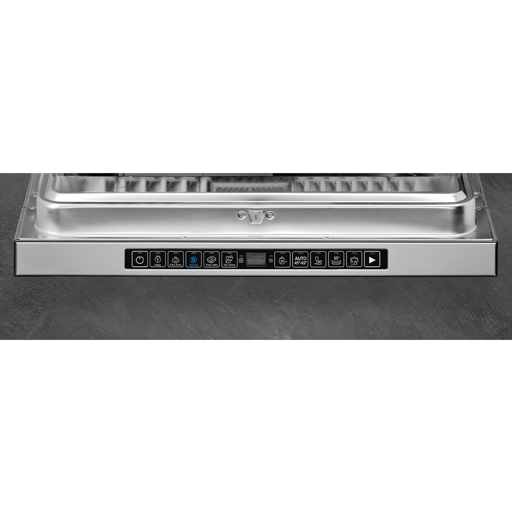 Close-up of the control panel of a built-under dishwasher with the door open