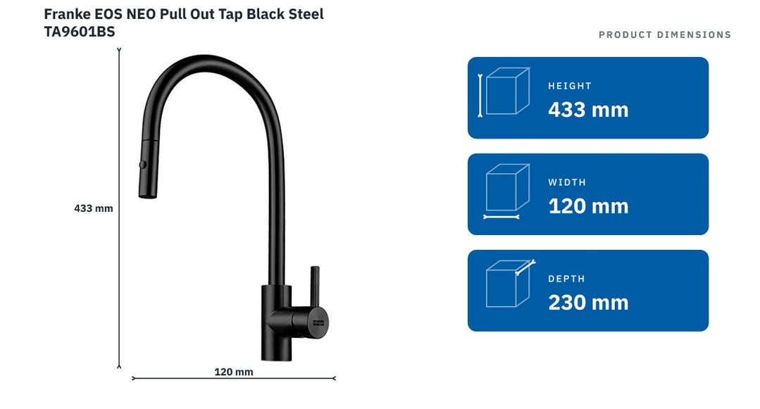 Franke EOS NEO Pull Out Tap Black Steel TA9601BS — product dimensions