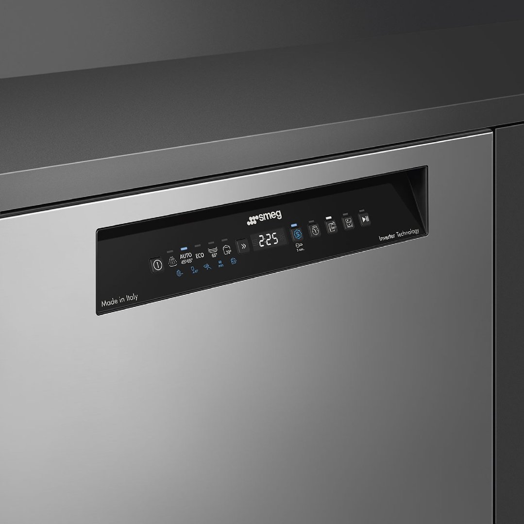 Close up of a stainless steel dishwasher control panel with digital display