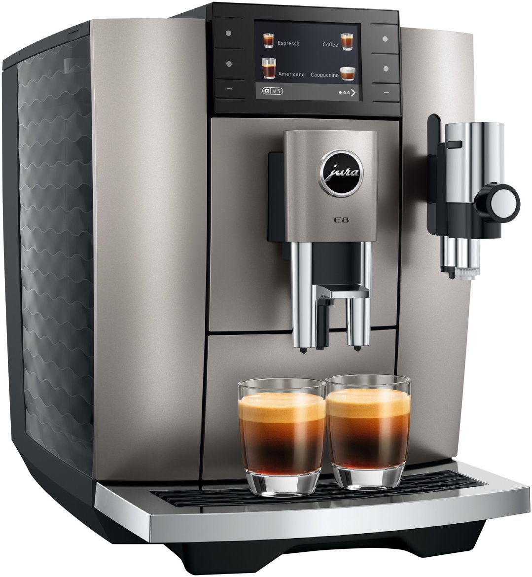 JURA E8 coffee machine with two glasses of espresso on the drip tray