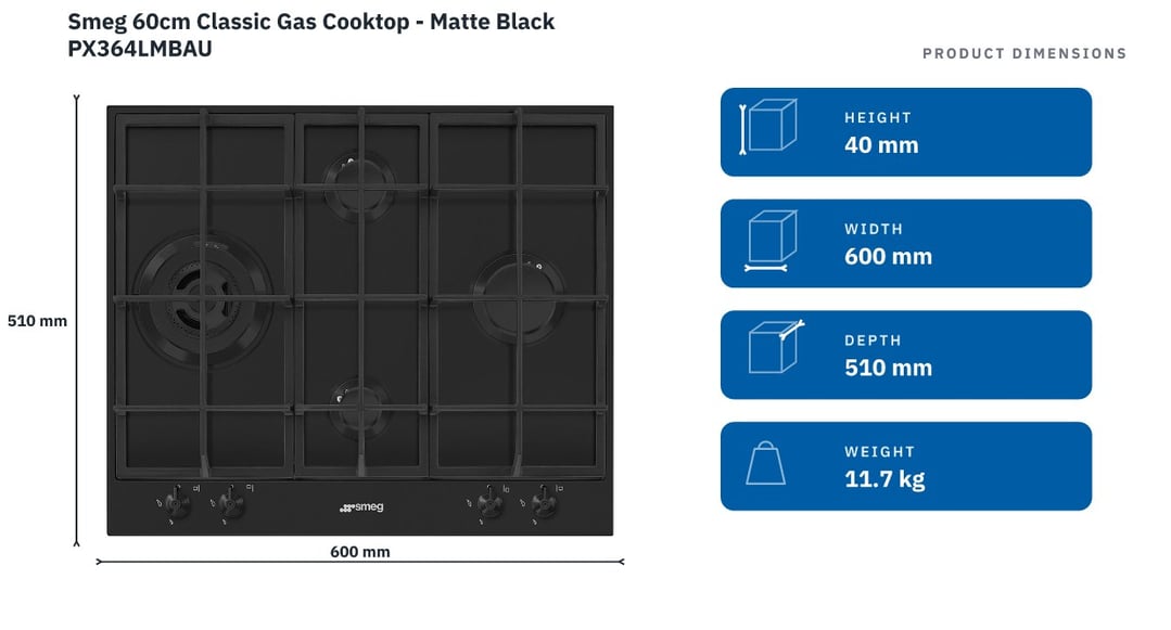 Smeg 60cm Classic Gas Cooktop - Matte Black PX364LMBAU — product dimensions