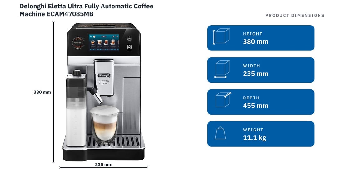 Delonghi Eletta Ultra Fully Automatic Coffee Machine ECAM47085MB — product dimensions