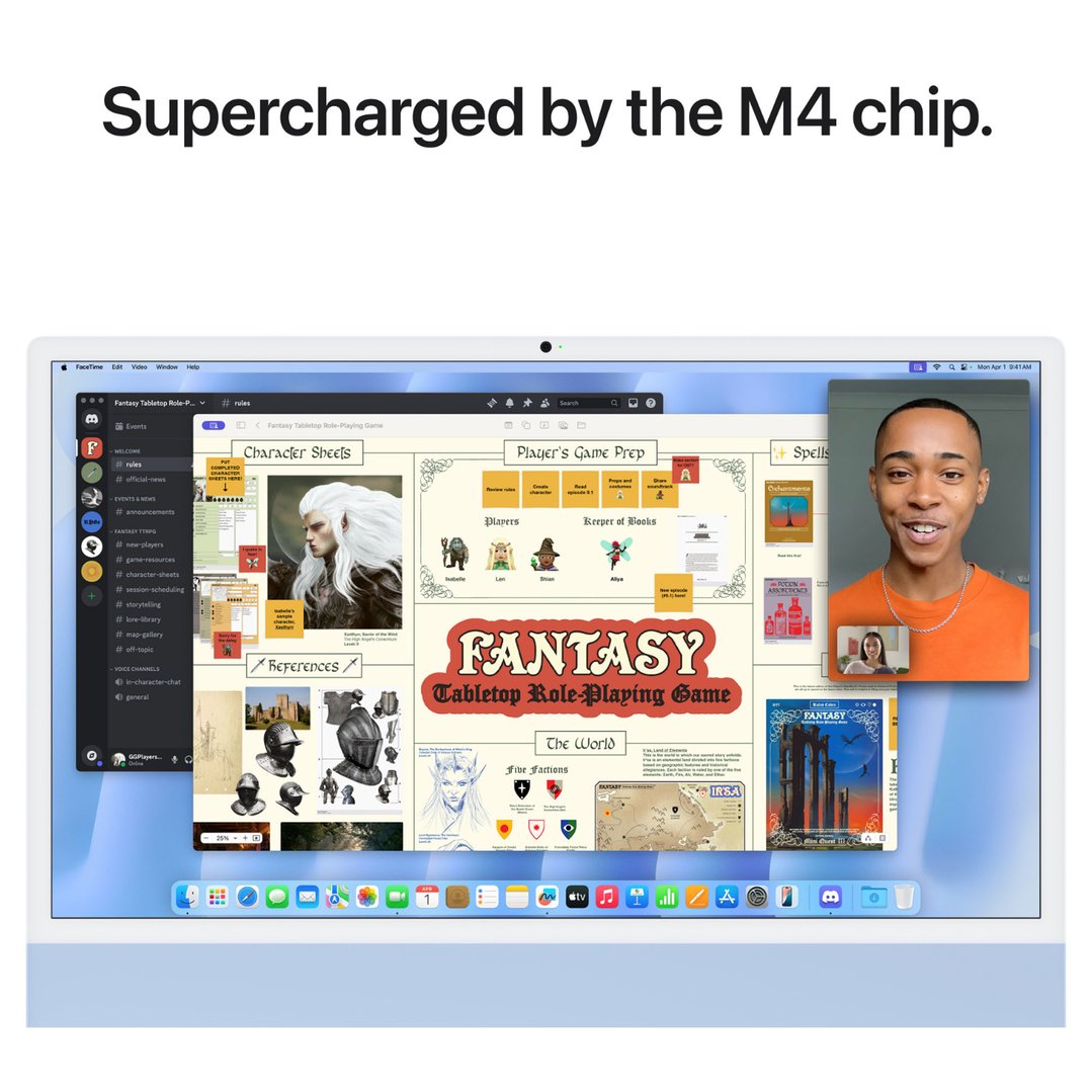 iMac with Retina 4.5K Display showing a video call and game interface