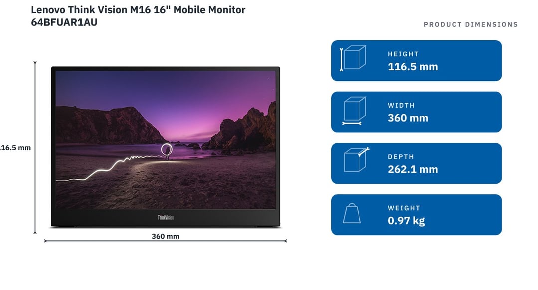Lenovo Think Vision M16 16" Mobile Monitor 64BFUAR1AU — product dimensions