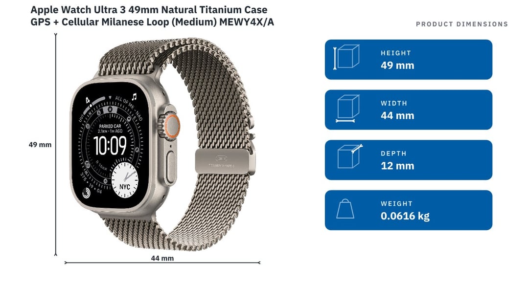 Apple Watch Ultra 3 49mm Natural Titanium Case GPS + Cellular Milanese Loop (Medium) MEWY4X/A