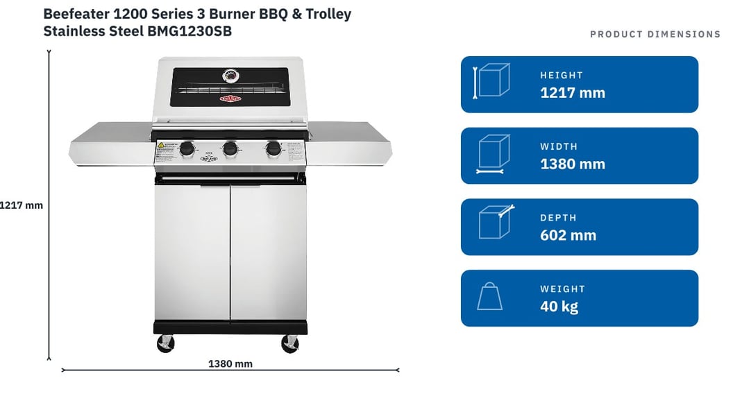 Beefeater 1200 Series 3 Burner BBQ & Trolley Stainless Steel BMG1230SB — product dimensions
