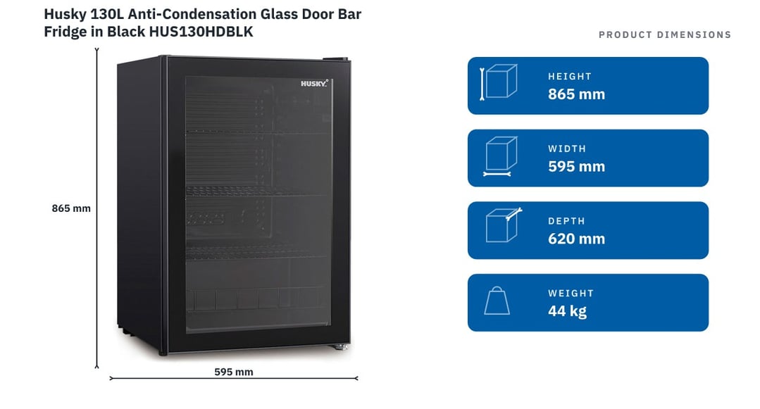 Husky 130L Anti-Condensation Glass Door Bar Fridge in Black HUS130HDBLK