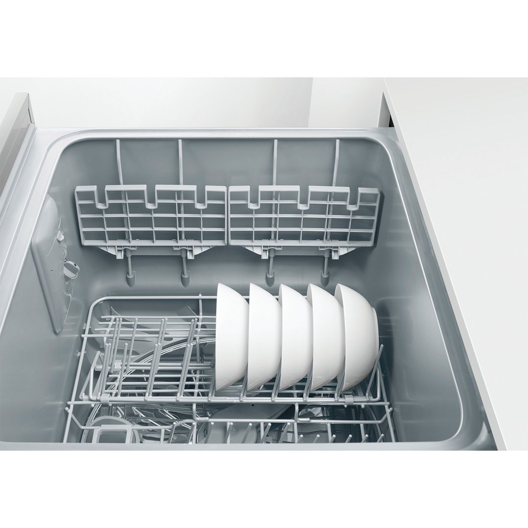 Top-down view of a DishDrawer dishwasher with dishes inside