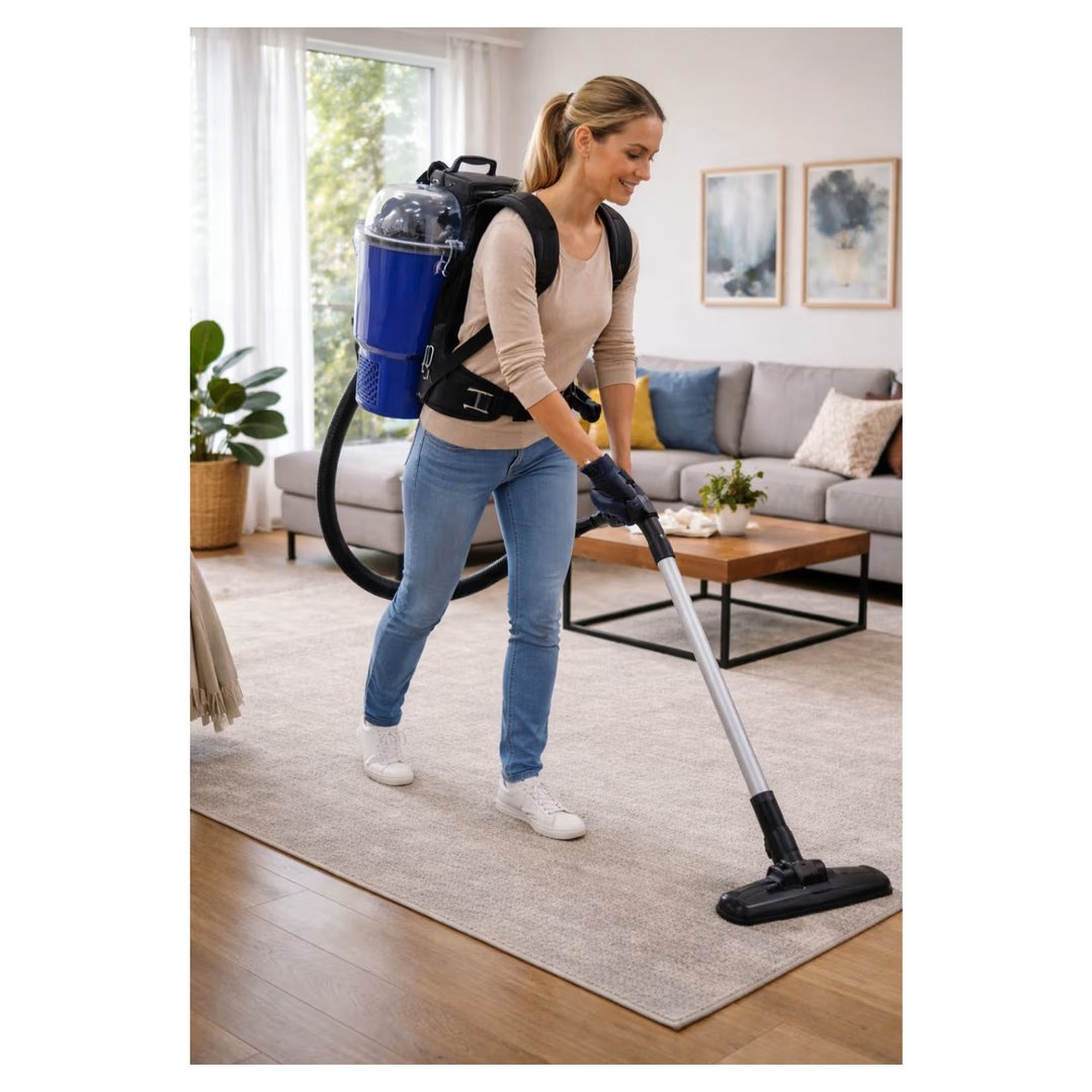Woman using a Bagless Back Pack Vacuum to clean a rug in a living room