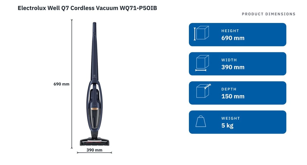 Electrolux Well Q7 Cordless Vacuum WQ71-P5OIB — product dimensions