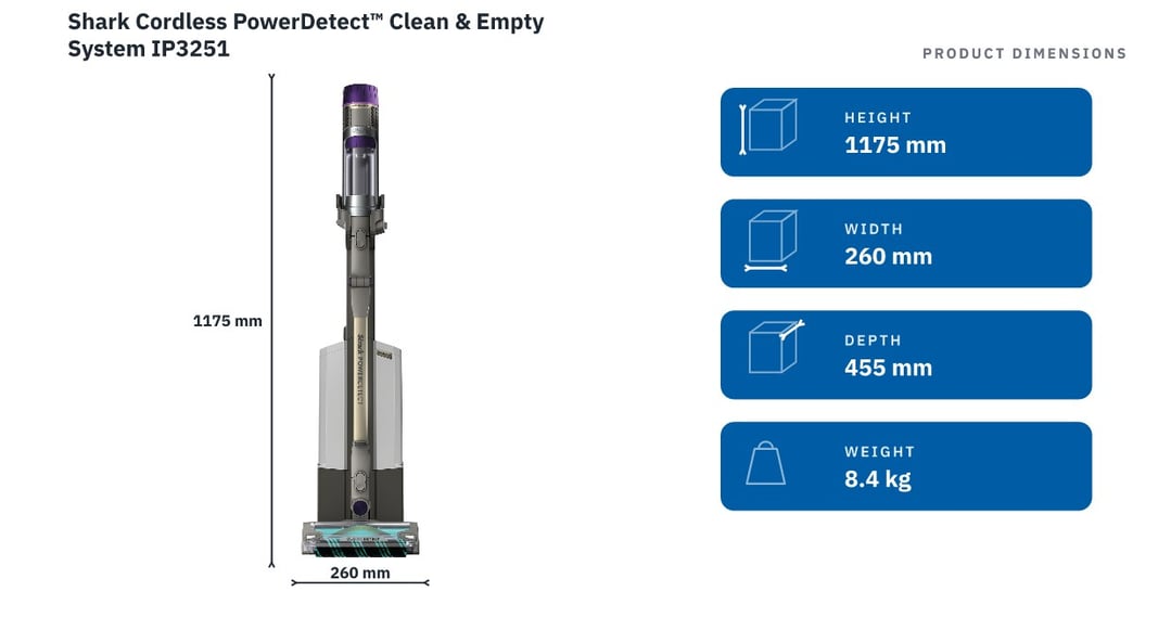 Shark Cordless PowerDetect™ Clean & Empty System IP3251 — product dimensions