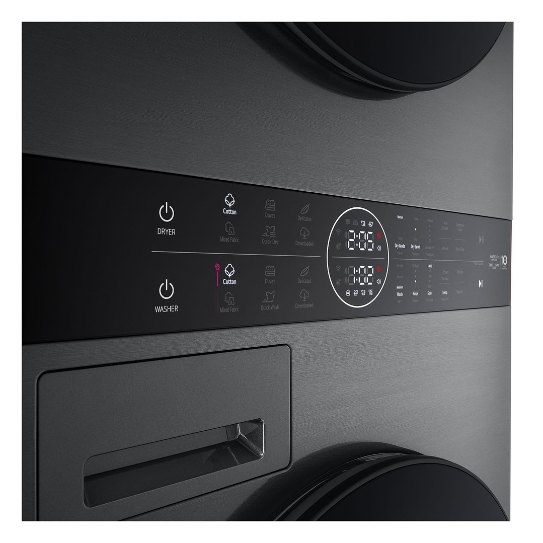Close-up of the control panel of a black stacked washer dryer