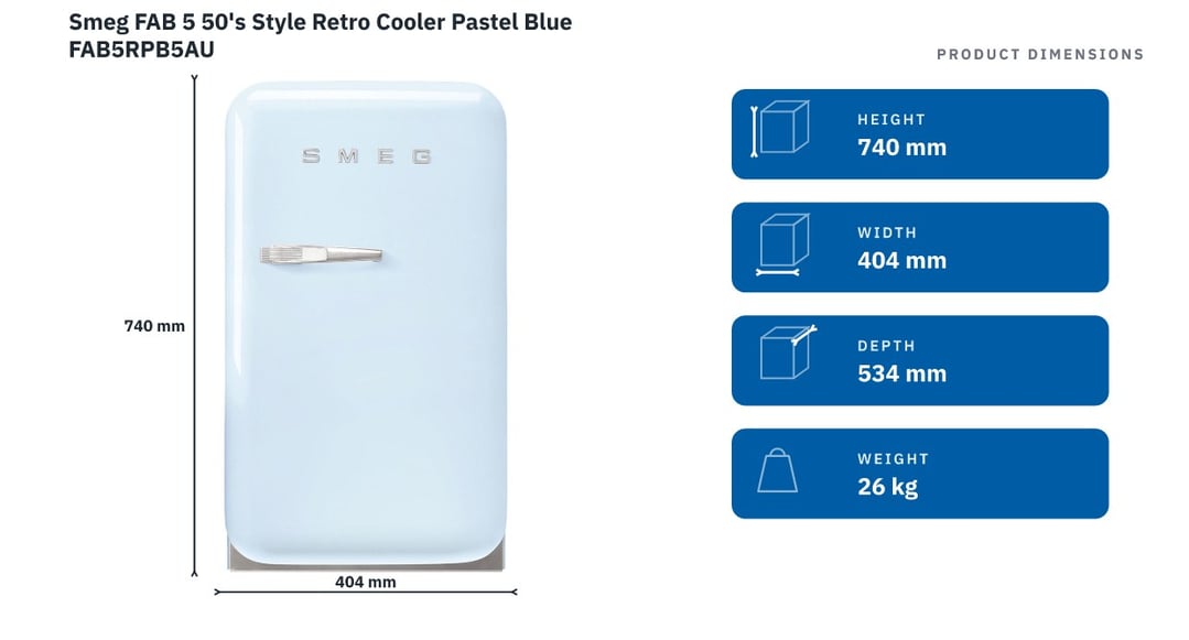 Smeg FAB 5 50's Style Retro Cooler Pastel Blue FAB5RPB5AU — product dimensions