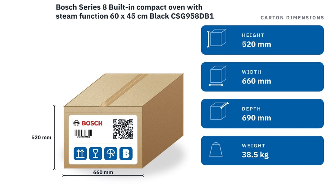 Bosch Series 8 Built-in compact oven with steam function 60 x 45 cm Black CSG958DB1 — packaged dimensions