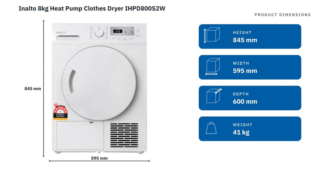 Inalto 8kg Heat Pump Clothes Dryer IHPD800S2W