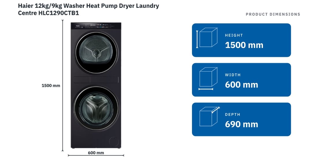 Haier 12kg/9kg Washer Heat Pump Dryer Laundry Centre HLC1290CTB1 — product dimensions