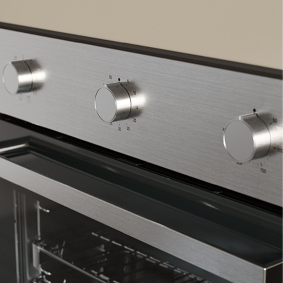 Close-up of the control panel and open door of a built-in oven