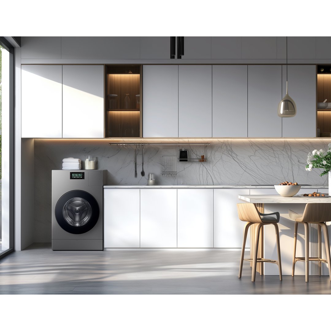 A washer dryer combo in a modern kitchen with white cabinets and island