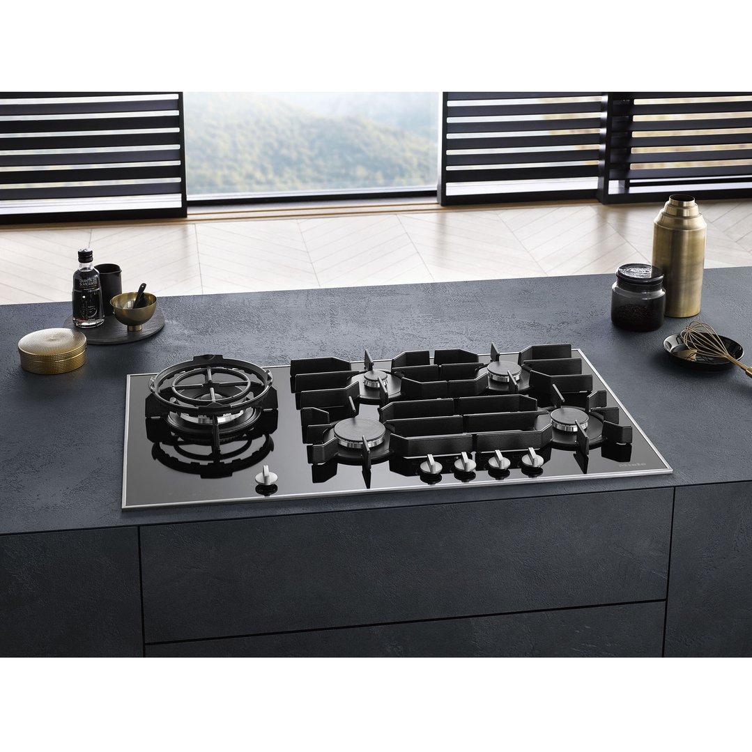 Miele 94cm 5 burner gas cooktop in a modern kitchen setting